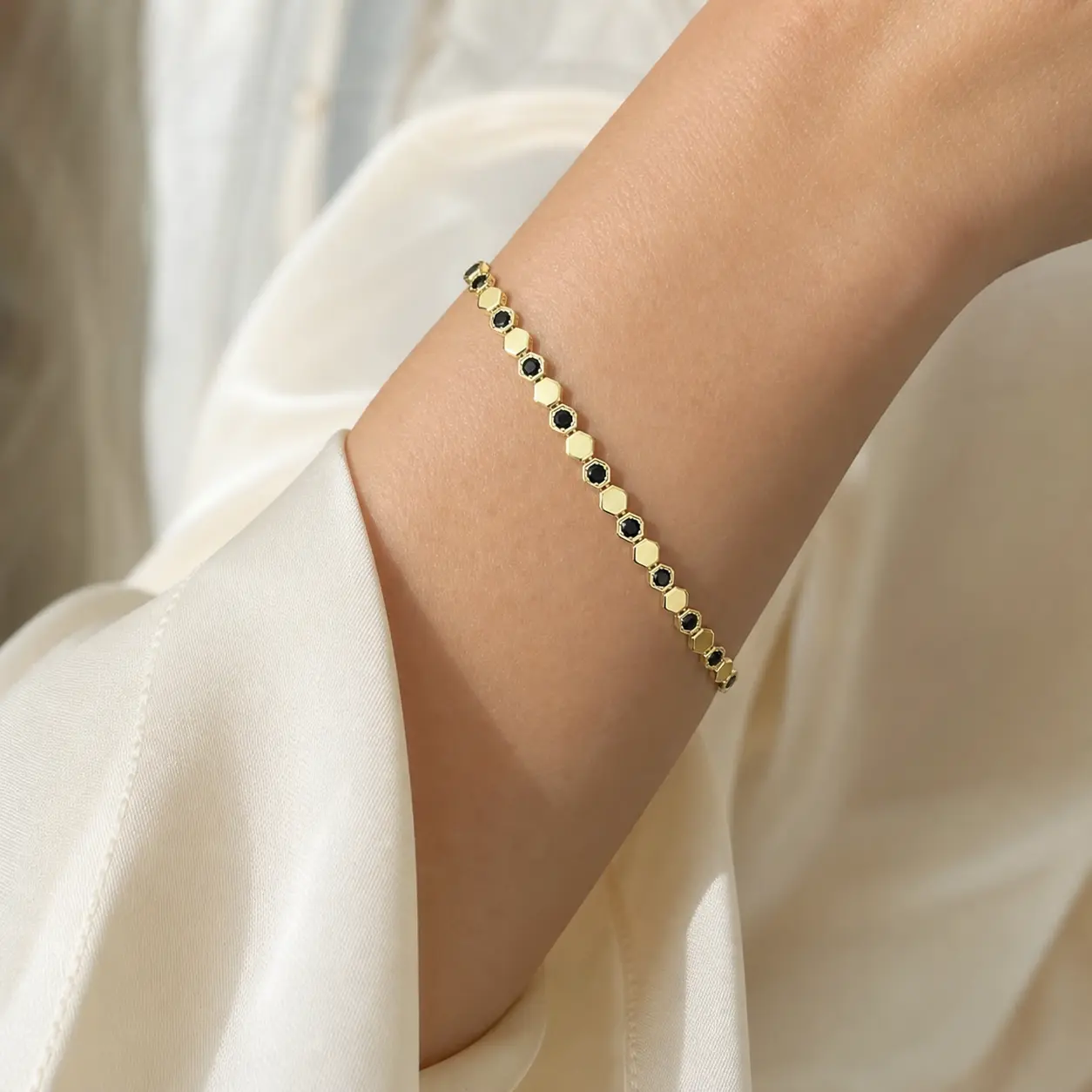 14K Gold-Plated Black CZ Hexagon Link Bracelet, 19 cm