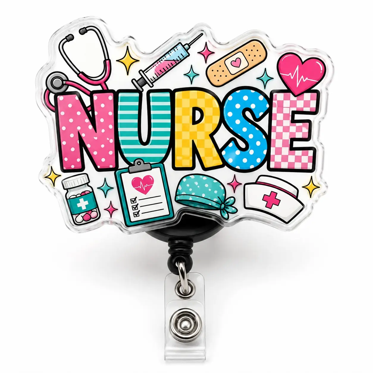 2-Inch Colorful Patterned Letters Medical Theme Acrylic Retractable Badge Reel Card Holder, Clip-On ID Holder for Healthcare Staff (Nursing, Clinic Employees)