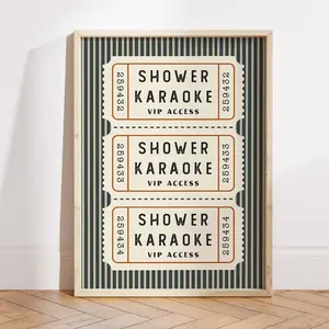 [No Frame] Shower Karaoke VIP Access Print, Retro Blue Striped Ticket Decor