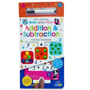 Kids' Interactive Laminated Write & Wipe Math Activity Book - 14 Pages, 11.75 x 6.25 inches, Addition-Subtraction Drills, Pull-Tab View, Early Learning Educational Workbook for Children