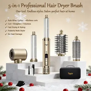 5-in-1 Professional Hot Air Styler&Hair Dryer Brush, Powerful Multi-Styler with Auto-Wrap Curler with Storage Case, Fast Drying Curling Straightening Volumizing Without Heat Damage(Gold)