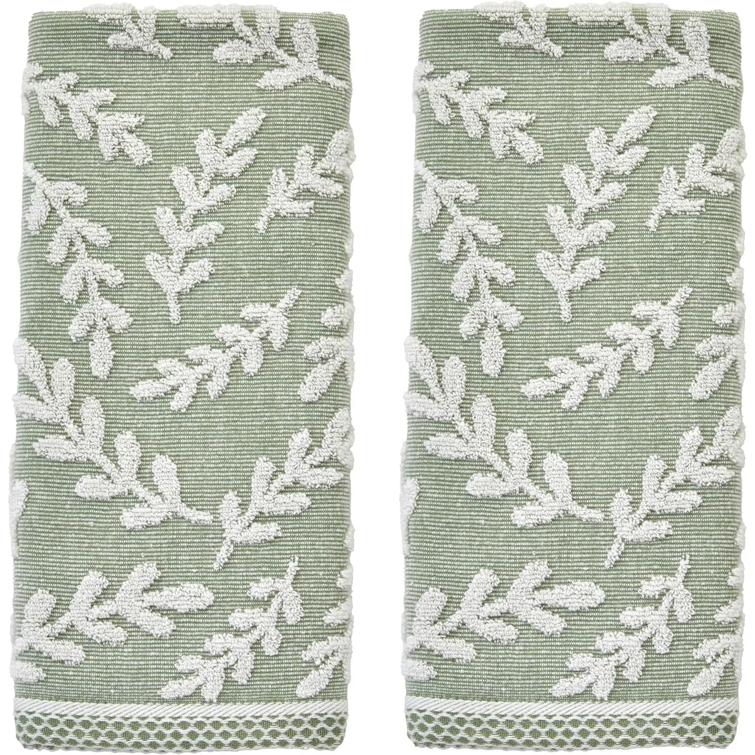 100% Cotton Jacquard 2pc Hand Towel Set, Reversible & Decorative for Bath/Kitchen/Bar & Gift, Sage