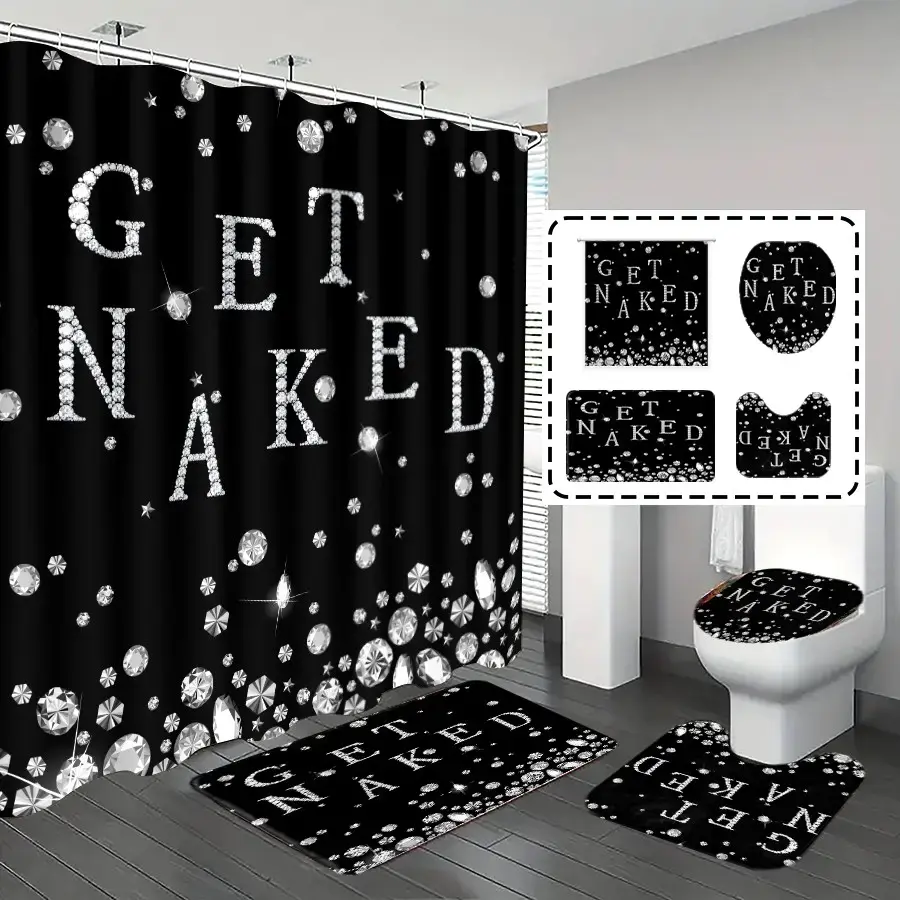 [Popular Choice]1pc/4pcs, bathroom curtains shower, bathroom set, shower curtains, shower curtain sets, bathroom rug, home decoration, bathroom mat, diamonds and letter patterns, simple and luxurious theme decoration, bathroom set, with 12 hooks.