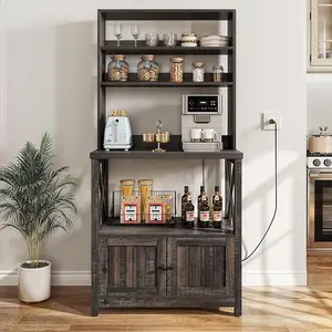 YITAHOME Microwave Stand Bakers Rack Cabinet, Farmhouse Freestanding Small Kitchen Pantry Hutch Tall w Door Power Outlet Thickened Counter, Coffee Bar Storage Shelves, Rustic Oak