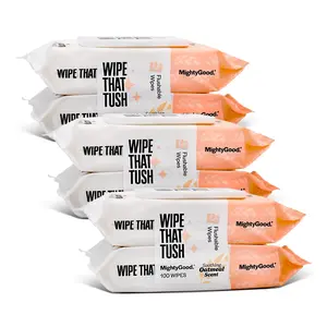 Wipe That Tush Flushable Wipes - 6 Packs of 50, 300 Total - Soothing Oatmeal Scent - Extra Large & Soft - Hypoallergenic With Aloe & Vitamin E - Septic-Safe
