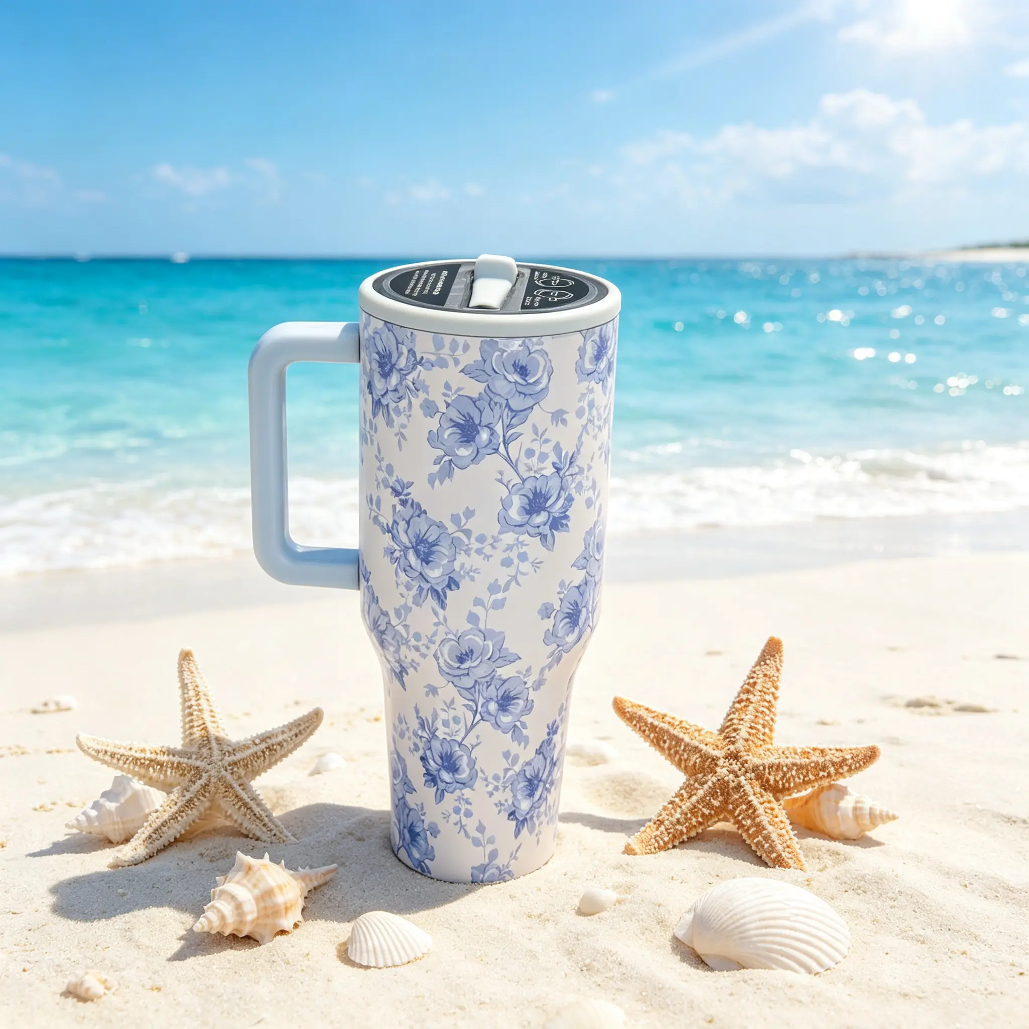 HydroJug 40oz Blue Floral Pattern Insulated Stainless Steel Water Bottle, 24-Hour Cold Retention, Leak-Proof Design With Handle And Straw, Portable Insulated Travel Tumbler, Ideal For Home, Office And Beach Activities