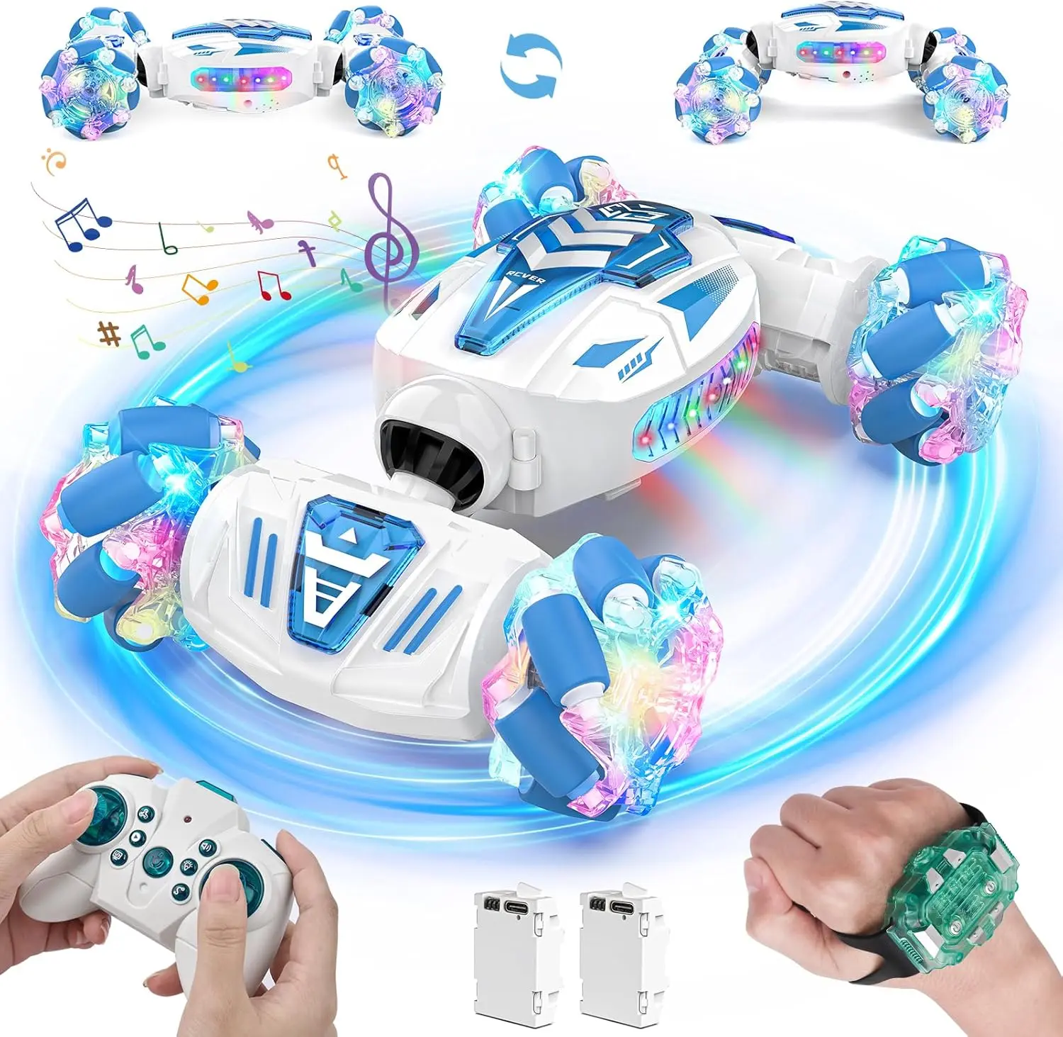 Gesture Sensing Remote Control Stunt Car - 2.4GHz, 360° Rotating Hand Controlled with Lights Music, 4WD Double Sided Rotating Remote Control Cars with 2 Rechargeable Batteries