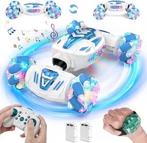 Gesture Sensing Remote Control Stunt Car - 2.4GHz, 360° Rotating Hand Controlled with Lights Music, 4WD Double Sided Rotating Remote Control Cars with 2 Rechargeable Batteries
