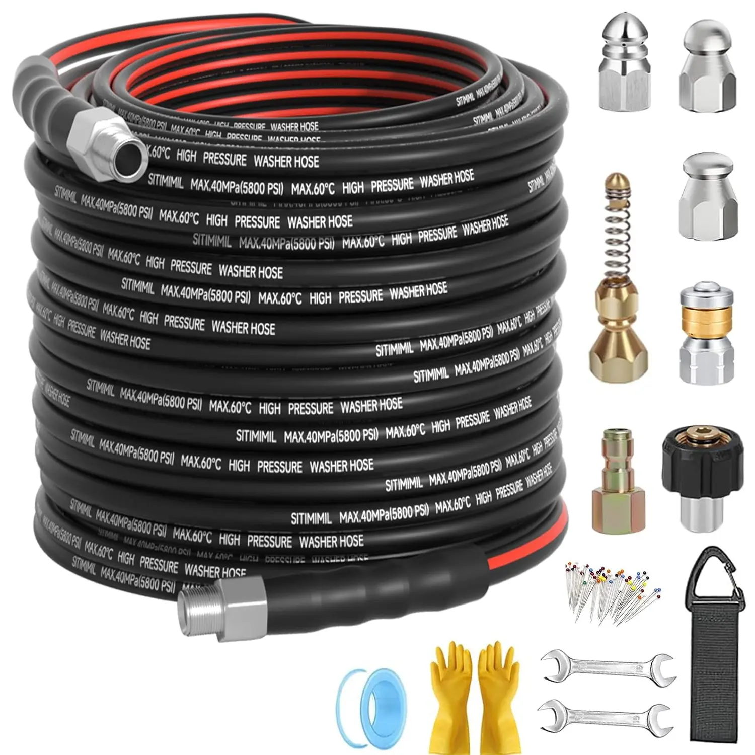 Pressure Washer Sewer Jetter Kit (50FT/100FT/150FT) - 1/4 Inch NPT Drain Cleaner Hose, NPT Corner Swivel, Push Button Nose, Sewer Jet Nozzle, Wrenches, Gloves, Waterproof Tape, Pearl Brooch, 5800PSI, Handle Strap for Storage