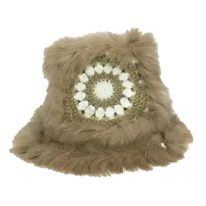 Fashion Culture Women's Mimi Granny Square Knit Faux Fur Bucket Beanie Hat, Camel