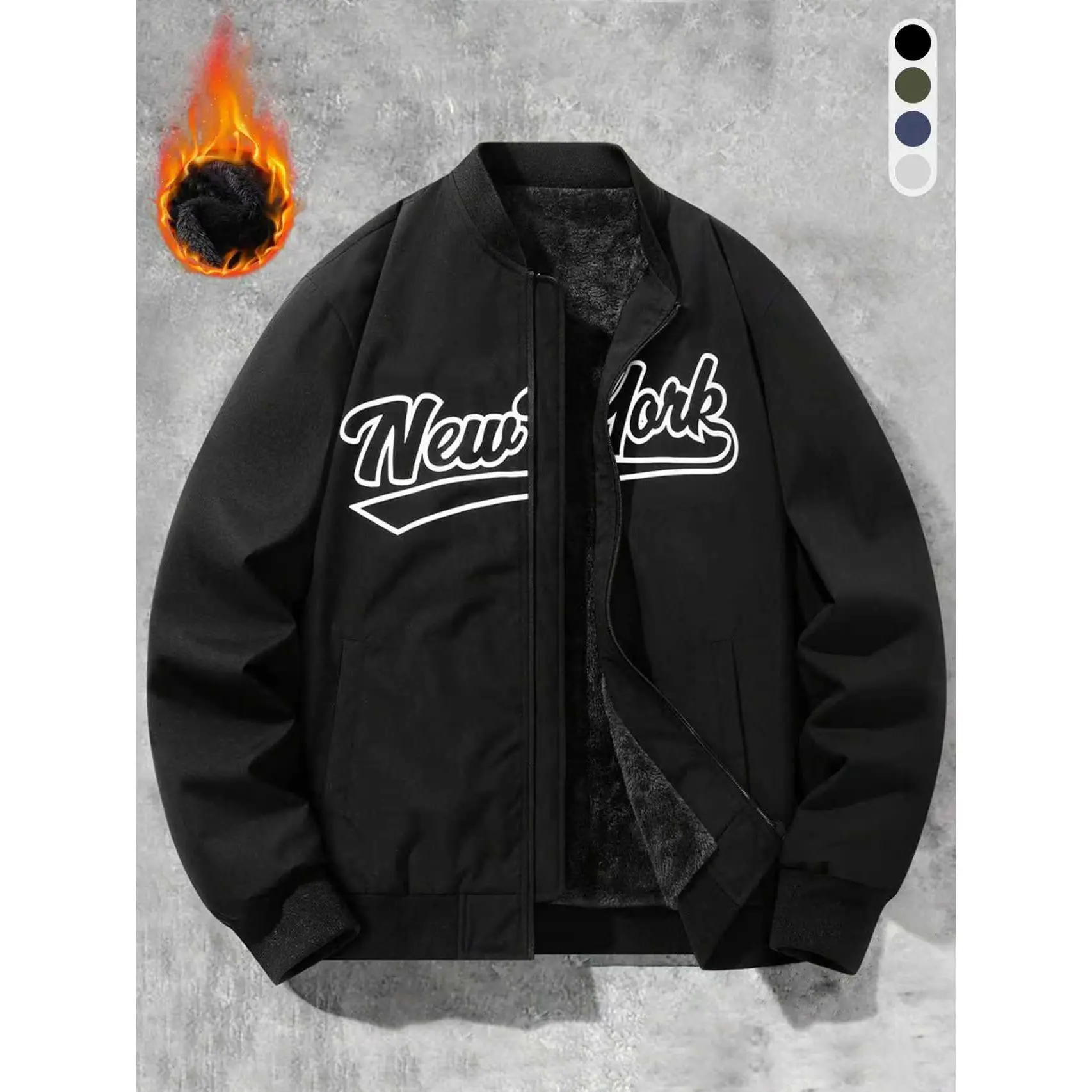 Men's velvet elastic ribbed collar, cuffs, hem, chest 'New Yark' letter print design, trendy and simple material, skin friendly, comfortable and warm, autumn and winter warm jacket, suitable for daily travel, commuting, fashionable collar design, suitable