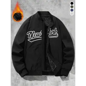 Men's velvet elastic ribbed collar, cuffs, hem, chest 'New Yark' letter print design, trendy and simple material, skin friendly, comfortable and warm, autumn and winter warm jacket, suitable for daily travel, commuting, fashionable collar design, suitable