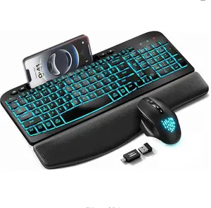 Wireless Keyboard and Mouse Combo - Ergonomic Wave Keyboard with Soft Leather Wrist Rest, Phone Holder, Rechargeable, RGB Backlit Mouse, Full-Size Set for Windows/Mac/Computer