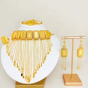 Laser-engraved Rose Pattern 18K Gold Plated 4PCS Necklace Earrings Bracelet and Ring Full Set Middle Eastern African Bridal Jewelry Set for Woman