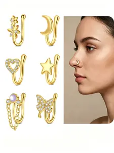 6Pcs U-Shape Fake Nose Rings Stainless Steel Inlaid CZ Heart Butterfly Faux Piercing Jewelry No Pierced Star Moon Flower Clip on Nose Ring for Women Men Opal Dangling Chain Nose Cuff Gold/Silver