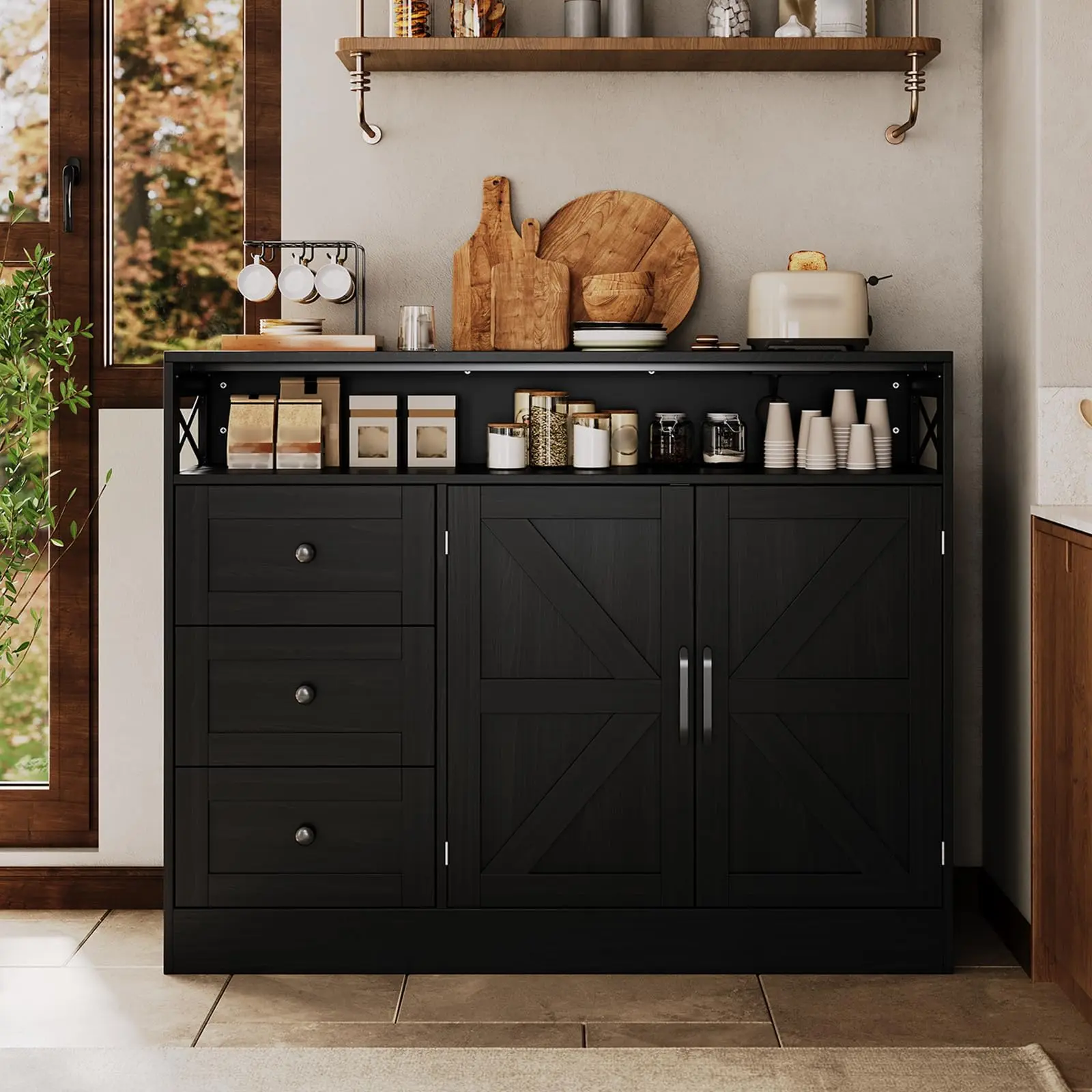 47" Sideboard Buffet Cabinet with Storage & Built-in Power Outlet,Coffee Bar Table Kitchen Buffet Cabinet with 3 Drawers and Barn Doors, Adjustable Shelves for Living Room Dining Room