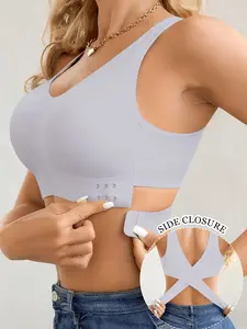 Women's Seamless Side Buckle Bra, Crossback No Underwire Push-Up Bra, Full Coverage Backless Vest Style Comfortable Daily Wear
