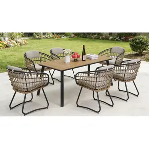 7-Piece Outdoor Wicker Dining Set with Wood-Plastic Composite  board Table