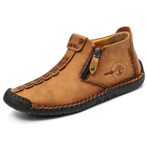 Men's PU leather rubber-soled zippered handmade boots JIT loafers fashion casual shoes