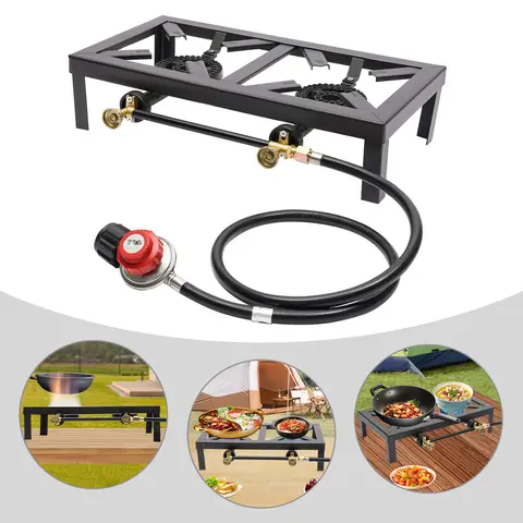 8000W Max Power Per Burner Portable Compact Rectangular Shape Cast Iron Dual Burner Propane Gas Stove - Camping Gear with Regulator & Hose, for Barbecues, Hunting, RV Use, Assembly Required, Ideal for Home Brewing