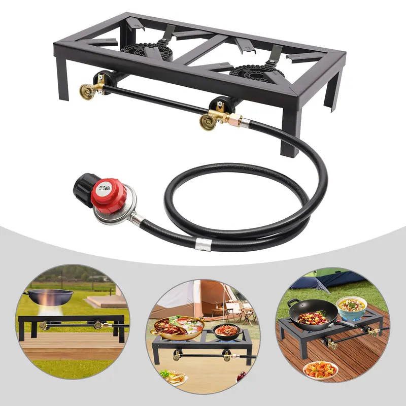 8000W Max Power Per Burner Portable Compact Rectangular Shape Cast Iron Dual Burner Propane Gas Stove - Camping Gear with Regulator & Hose, for Barbecues, Hunting, RV Use, Assembly Required, Ideal for Home Brewing