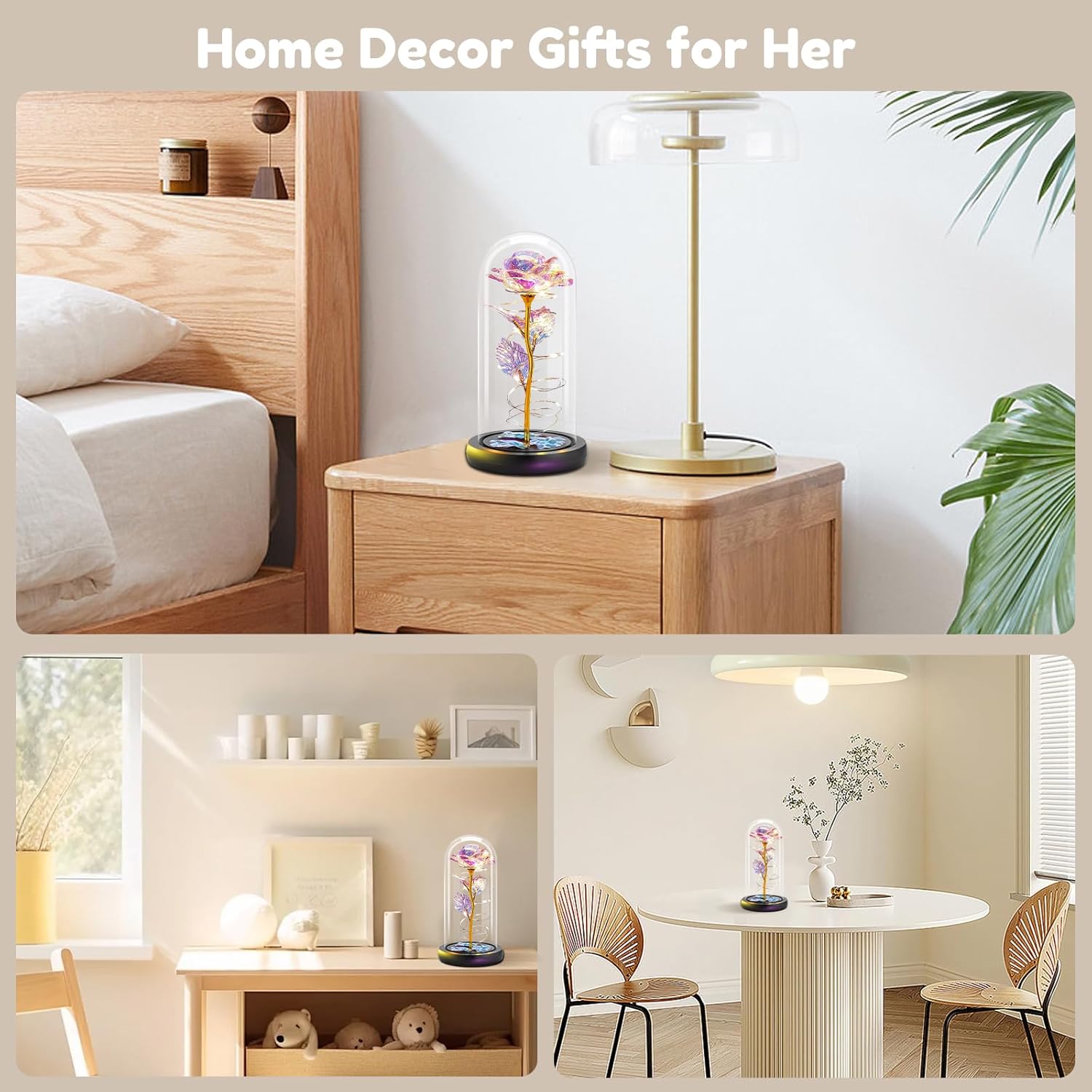 Mother's Day Rose Gift, Rose Flower in Glass Dome, Galaxy Rose Glass Forever Flowers with Heart-Shaped Base, Gifts Ideas for Women, Birthday, Anniversary on Any Occasion