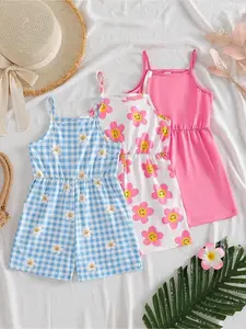 Elladie kids 4-7 Years Old Girls 3-Piece Knitted Milk Silk Jumpsuit Set, Summer Outfits Set, Casual Vacation Style: Solid Color + Plaid Daisy Print, Soft & Comfortable Romper For Baby Daily, Kindergarten, Outdoor Play, Versatile For Summer Casual Dres