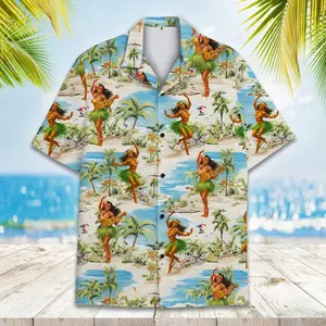 Retro Luau Beach Party Shirt Button Down, Aloha Summer Shirt for Tiki Lovers Gift, Vintage Hula Girl Hawaiian Shirt Men Women Youth