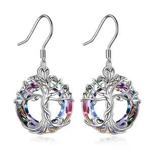 Tree of Life Drop Earrings - Sterling Silver with Purple Crystal, Symbolic & Spiritual Jewelry Gift for Her