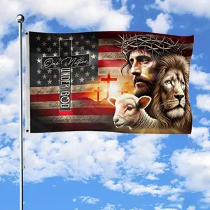 "One Nation Under God" Christian American Flag with Jesus, Lion & Lamb!Faith-inspired patriotic banner, durable fabric, perfect for showing your love for God and country!