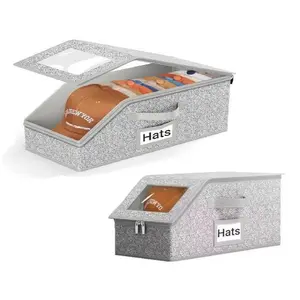 Hat Organizer for Baseball Caps - Stackable Storage with Clear Window Lid, Flip-Top Access, Space-Saving Hat Box for Closet, Breathable Fabric