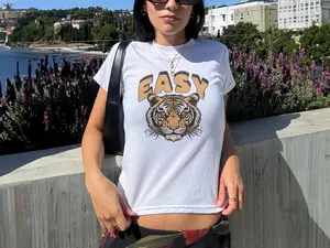Easy Tiger Graphic Baby Tee, Vintage Animal Print T-Shirt, Y2K Fitted Top for Women, Cute Aesthetic Streetwear Shirt