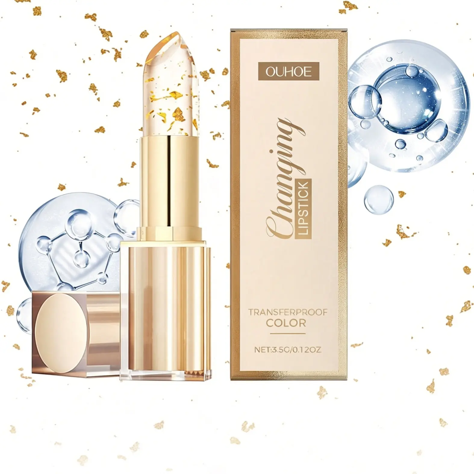 Color-Shift Clear Gold Leaf Lipstick with Vitamin E, Hyaluronic Acid - Long-Lasting Moisturizing Lip Treatment for Plump, Glossy Lips