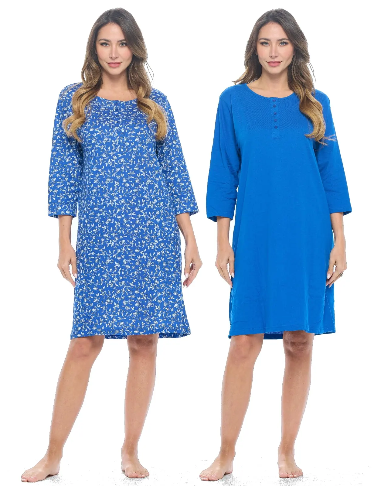 Casual Nights Women's 2-Piece Henley Nightshirts Set - Floral 3/4 Sleeve Nightgown, Solid Scoop Neck Sleepwear for Hospital, Labor and Delivery, Mother's Day, Holiday, Birthdays, Fabric, Pullover, Cotton, Maternity, Knit, Nightie, Modest, Everyday, Comfor