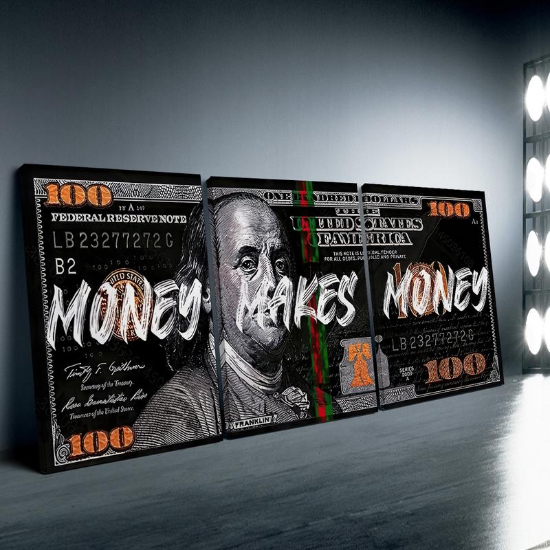 3 Counts/set Wooden Framed Money Makes Money Canvas Posters, Money Wall Art, Inspirational Dollar Bill Pop Art, Modern Home Decor, Wall Decor Living Room, Bedroom, Gift for Friends and Family, Waterproof Canvas, Wall Decor, Ready To Hang