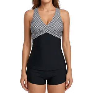 Modest & Mom-Friendly 2-Piece Swimsuit ️ Classic Striped V-Neck Top & Shorts,women's swimsuits,vacation swimwear for women,swimsuits 2 piece,bathing suits for the summer,swimsuit shorts set,tankini swimsuits set, swim sets for women