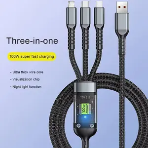 3 In 1 100W Transparent Pilot Lamp Super Fast Charging Pd Fast Charge Cable Universal with Type C Usb Micro for Iphone Samsung Huawei Xiaomi 6A Connector Smartphone Cellphone Charger Electronic Black