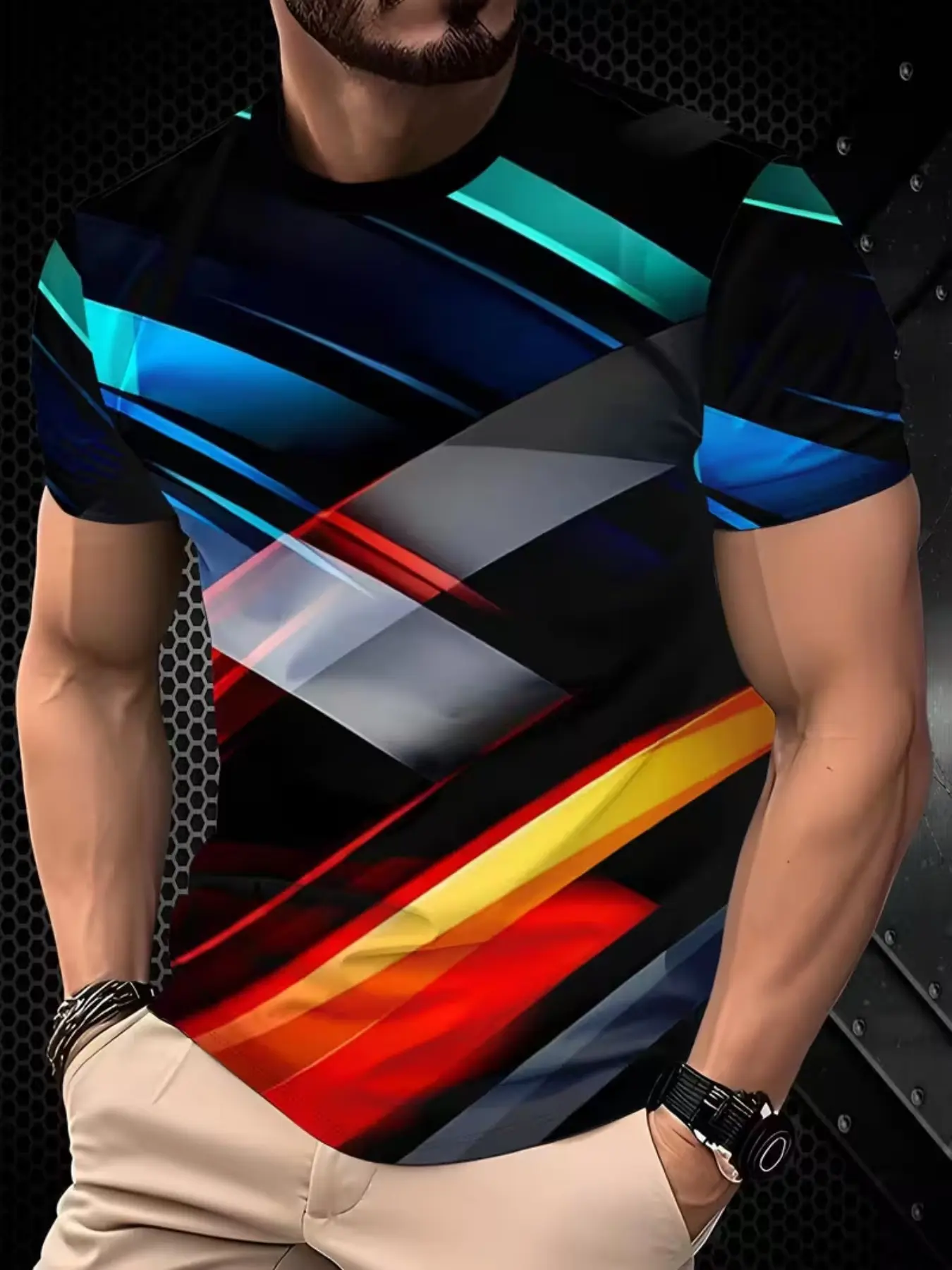 Men's Sporty Long Sleeve Fitted T-Shirt, All over Print, Breathable Mesh, Ideal for Sports & Commuting, Versatile Multi-Scene Wear, Fitness Athletic Tee