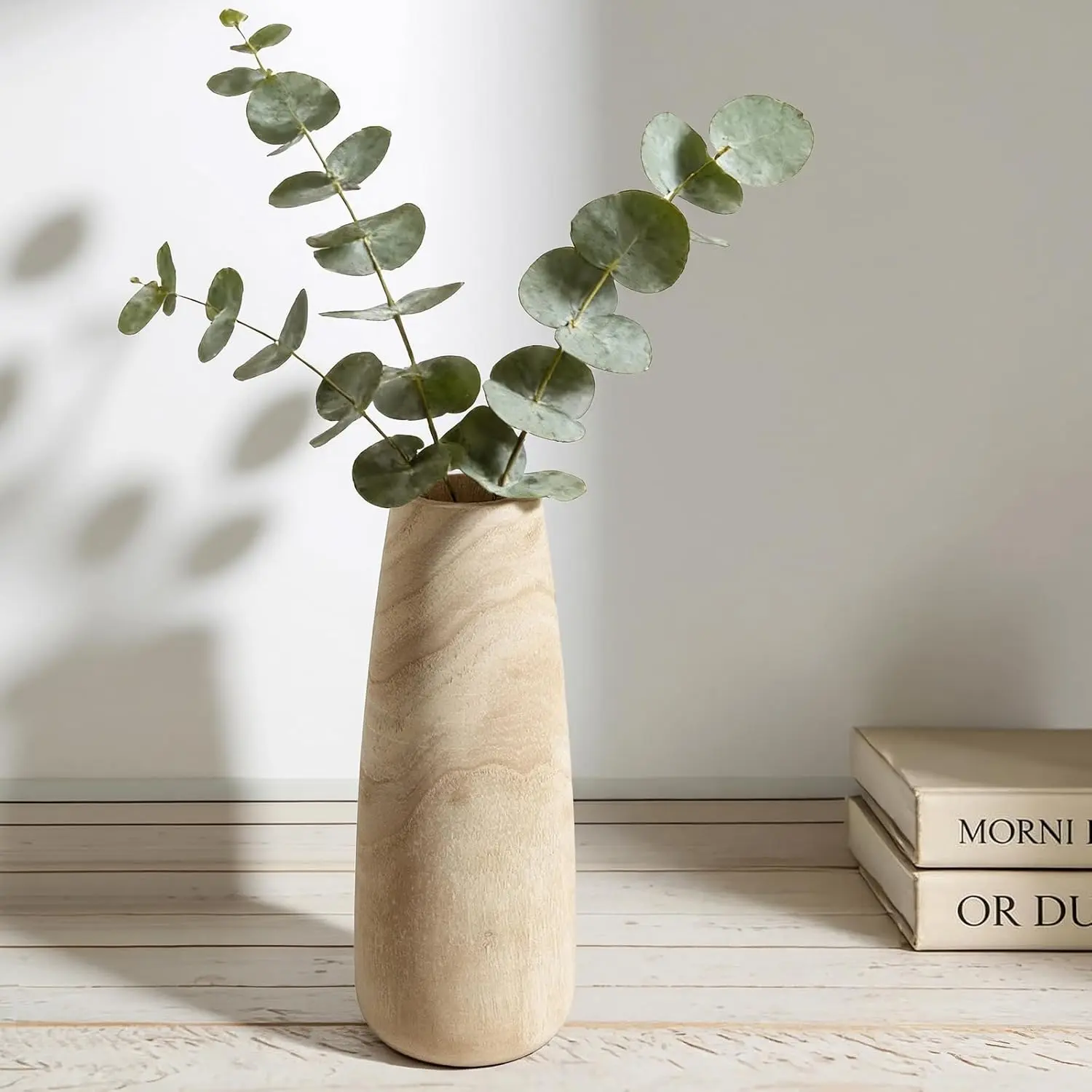 12-in Handmade Solid Wood Decorative Vase with Flat Base & Grain Variations, Warm Neutral Farmhouse Boho Home Decor for Dried Flowers, Living Room Entryway Table Shelf, Decorative Vases, 12 Inches