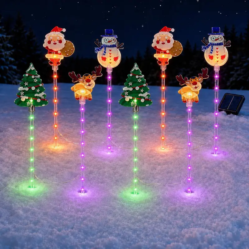8-Pack Solar-Powered Christmas Decorative Ground Lights - Cute Festive Decorations with Santa, Tree, Snowman, Reindeer Designs, IP44 Waterproof, Colorful Festival Decor, Christmas Aesthetic Fairy Light Decorative Decor for Garden Paths