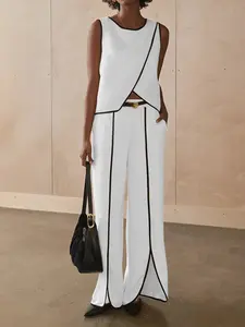 2026 Summer Contrast Trim 2 Piece Set Suits | Sleeveless Top & Split Wide Leg Pants | Elegant Office Outfit for Women