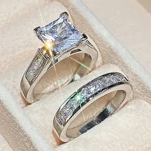 Luxury Princess Cut Cubic Zirconia Bridal Ring Set, Timeless Engagement & Wedding Band for Her, Anniversary Gif