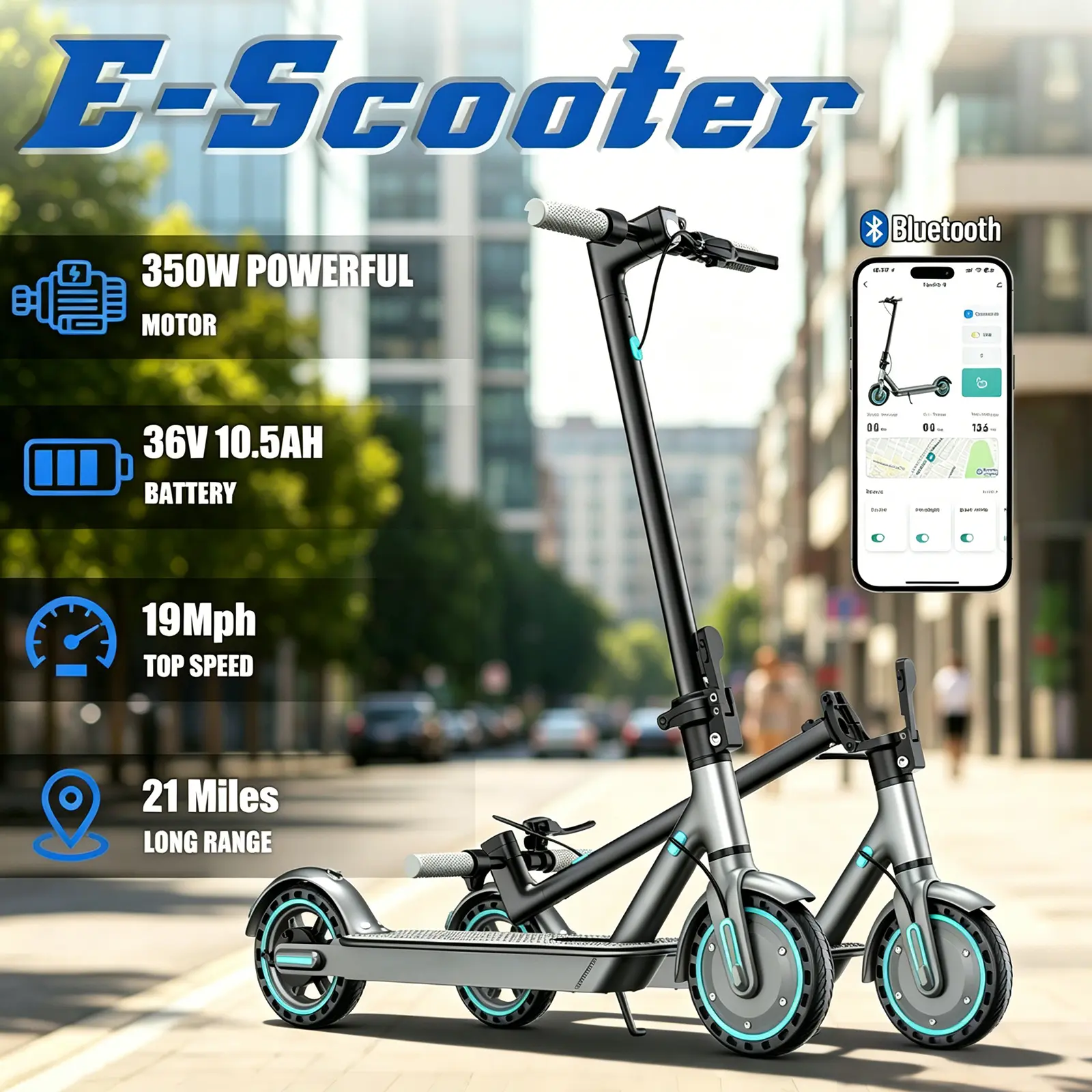 Foldable Electric Scooter for Single Rider, 350W Motor, 19Mph Max Speed, 36V 10.5Ah Battery for 21 Mi Range, 27lb Aluminum Frame, 3s Compact Folded Time, App Control, Bright Lights for Urban Commute Safety
