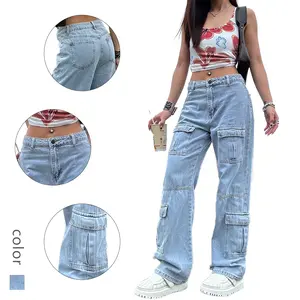 Women's Light Wash Cargo Wide Leg Jeans - Baggy Denim Pants with Utility Pockets & Streetwear Vibe