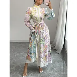 French Elegant Floral Print Puff Sleeve Stand Collar Button Down Waist Dress For Spring, Women