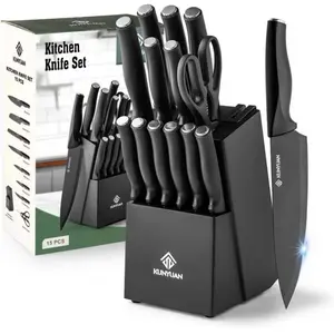 Knife Set, 15 Pieces Kitchen Knife Sets with Block, Built-in Sharpener, Dishwasher Safe, Ergonomic Handle, Knife Block Set for Chopping, Slicing, Dicing & Cutting, Black