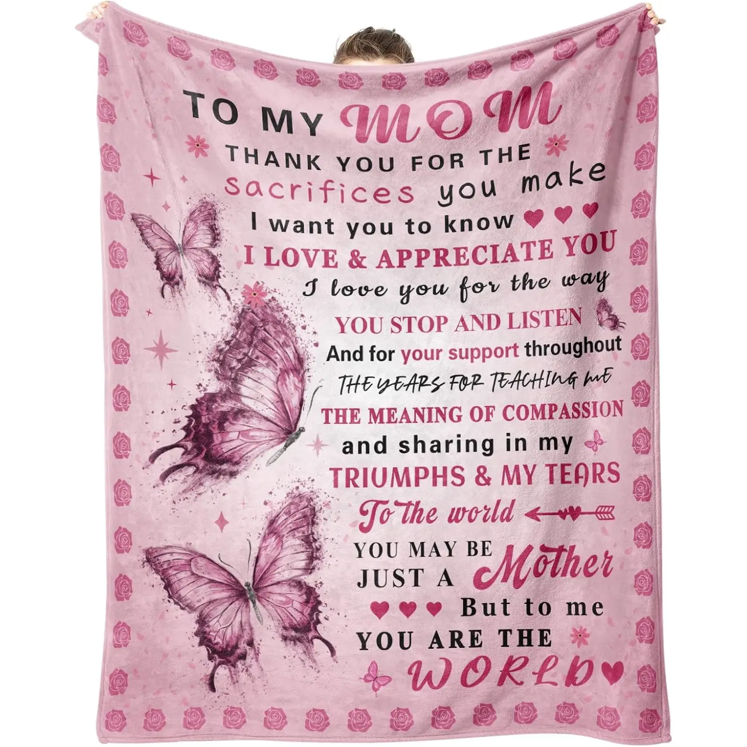 Pink Butterfly & Rose Throw Blanket for Mother’s Day, Printed with "To My Mom, Thank You I Love You", Perfect Mother Gift from Daughters & Sons Soft Warm Plush Flannel Blanket Mom Birthday Christmas Gifts