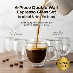 6-Piece Set of Double-Walled Espresso Cups, Insulated and Heat-Resistant Coffee Cups with Handles, Transparent Coffee Cups for Hot Beverages and Home Use