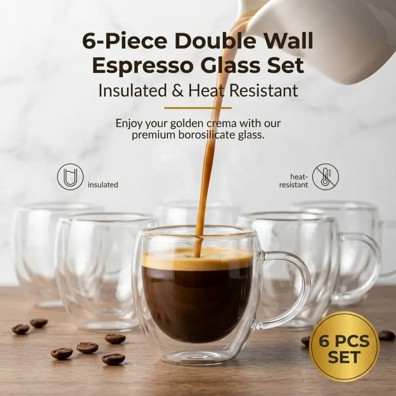 6-Piece Set of Double-Walled Espresso Cups, Insulated and Heat-Resistant Coffee Cups with Handles, Transparent Coffee Cups, Clear Coffee Cups for Hot Beverages and Home Use, Glass Cups, Coffee Cups Sets
