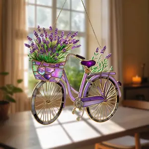 Lavender Bicycle Window Suncatcher, Floral Garden Bike Hanging Decor